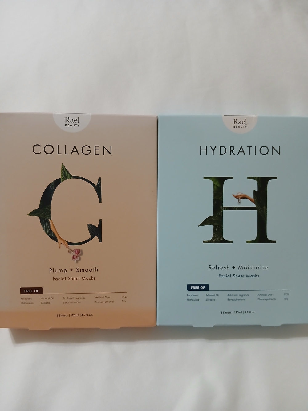Rael Beauty Hydration And Collagen Facial Sheet Masks Set — 5 Sheets Each.
